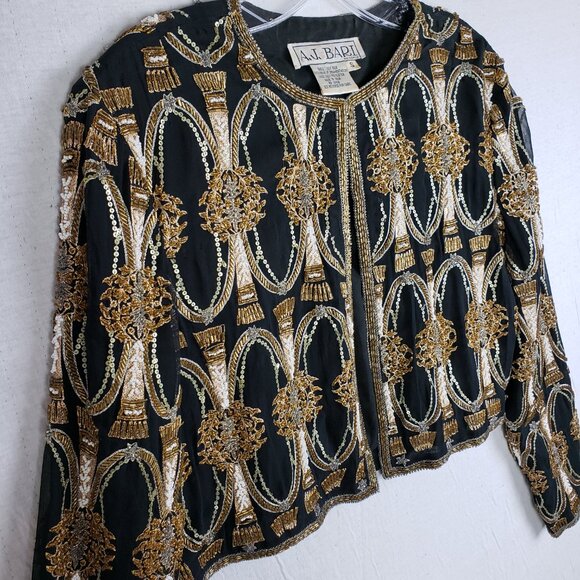 Vintage A.J.BARI Silk Jacket Blazer Beaded Sequined Bohemian size S Baroque Boho - Picture 15 of 15